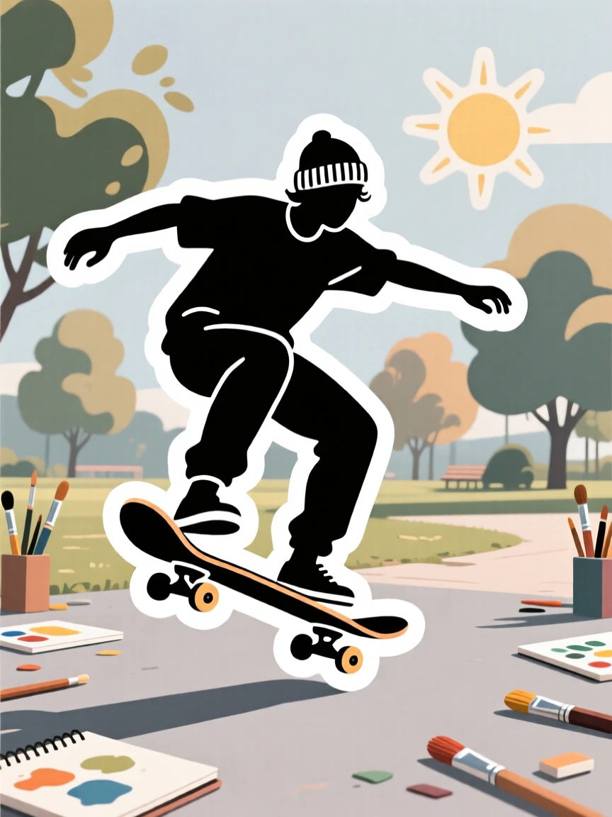 A peacefully immersed skateboarder doing a trick in a sunny park, captured mid-motion during their favorite activity, in a sunlit studio filled with supplies.