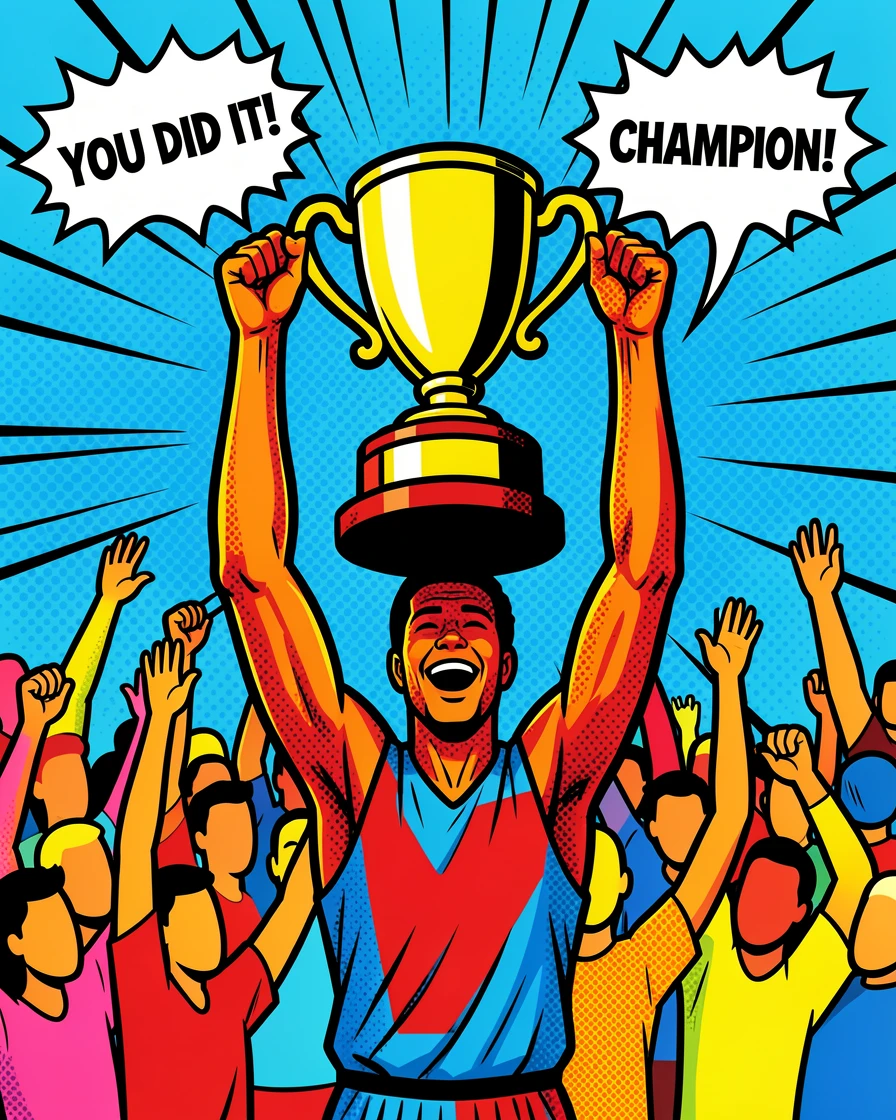 An athlete holding up a trophy in front of a cheering crowd