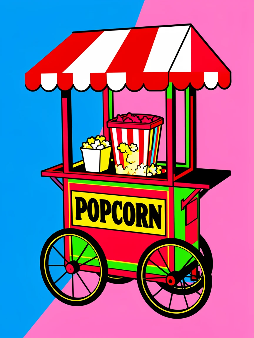 Old-fashioned popcorn cart with a red and white awning