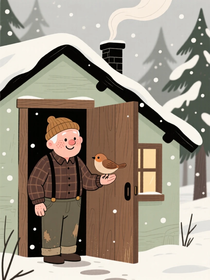 A kind old woodcutter stands at the door of a cottage with a crooked chimney tucked into a snowy forest, welcoming a small bird inside from the cold.