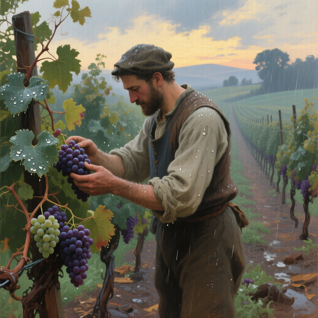 A medium shot of a vintner inspecting grapes on the vine before harvest, during a light rain, at dusk.