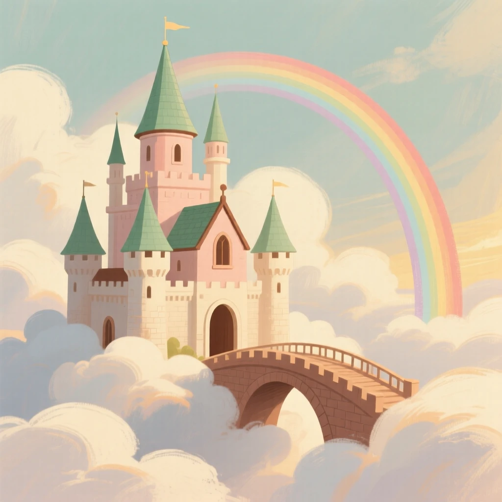 A castle in the clouds connected by a rainbow bridge