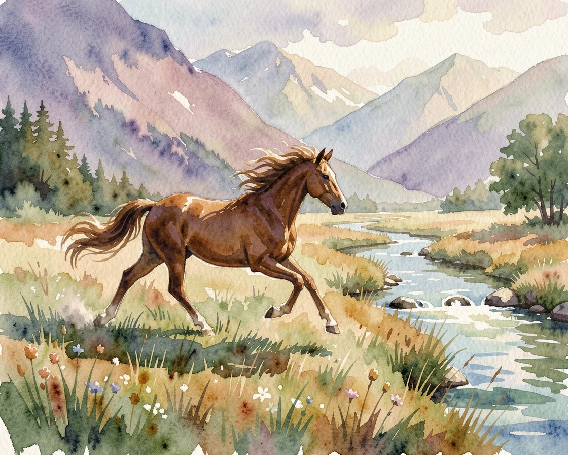 A horse galloping across an open field near a mountain stream napping in a patch of sunlight.