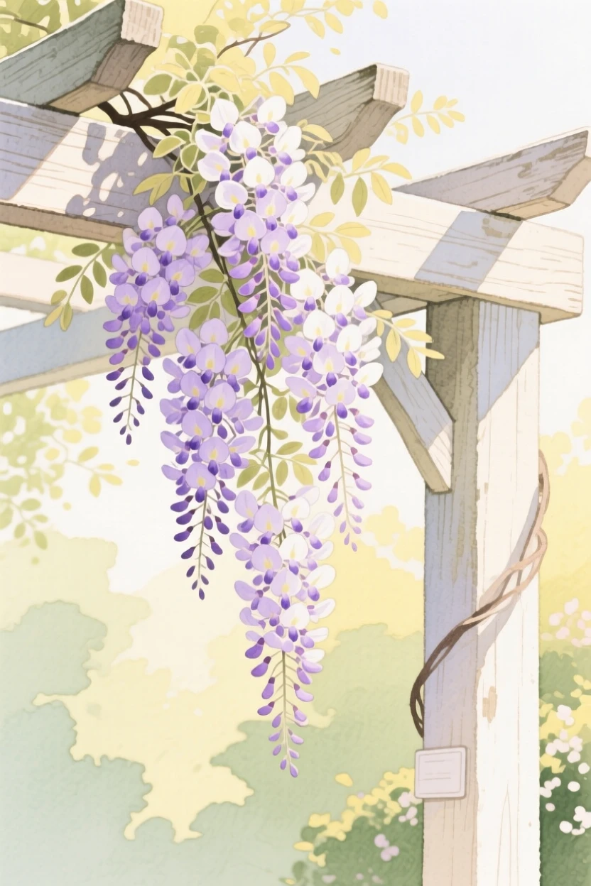 A cascading bouquet of wisteria blossoms drapes over a garden pergola on a warm spring afternoon