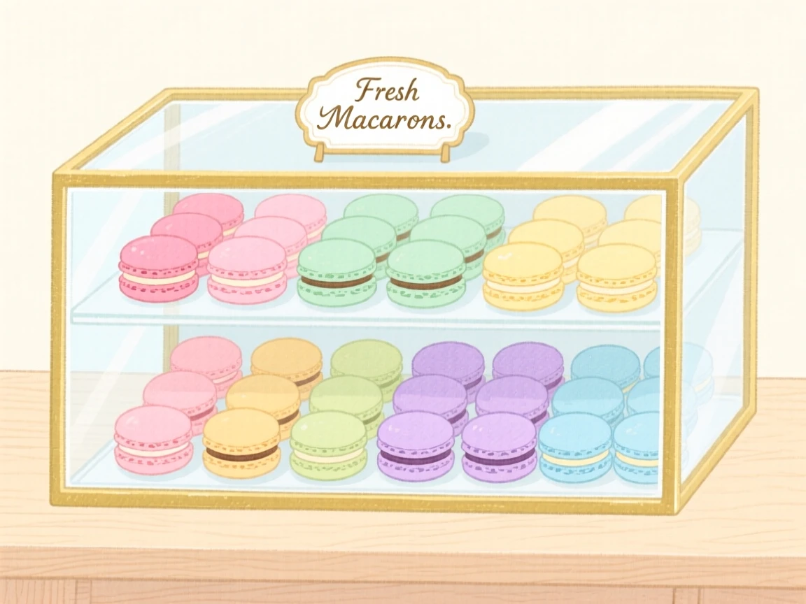 A delightful still life of a display case full of colorful macarons.