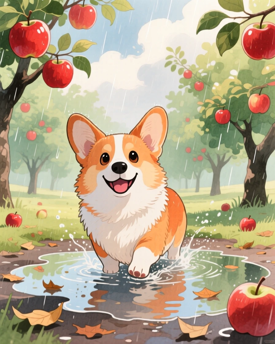 A playful corgi splashing happily in a puddle after rain, set in an orchard heavy with ripe apples, capturing a fleeting moment of quiet contentment.
