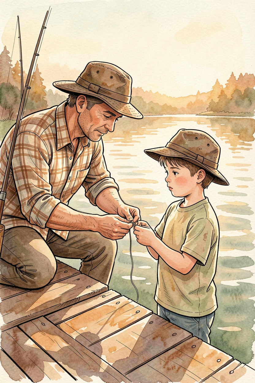 A father teaching his son to tie a fishing knot on a quiet dock, warm colors and soft shadows completing the scene.