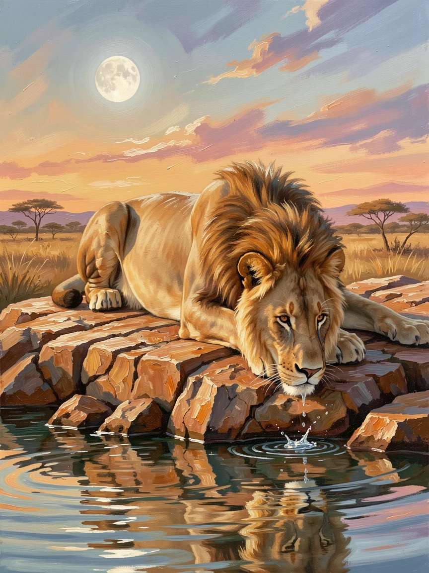 A majestic lion resting atop a sunlit rock, beneath a wide African sky at golden hour, it drinking from the cool water's edge, under the soft light of a full moon.