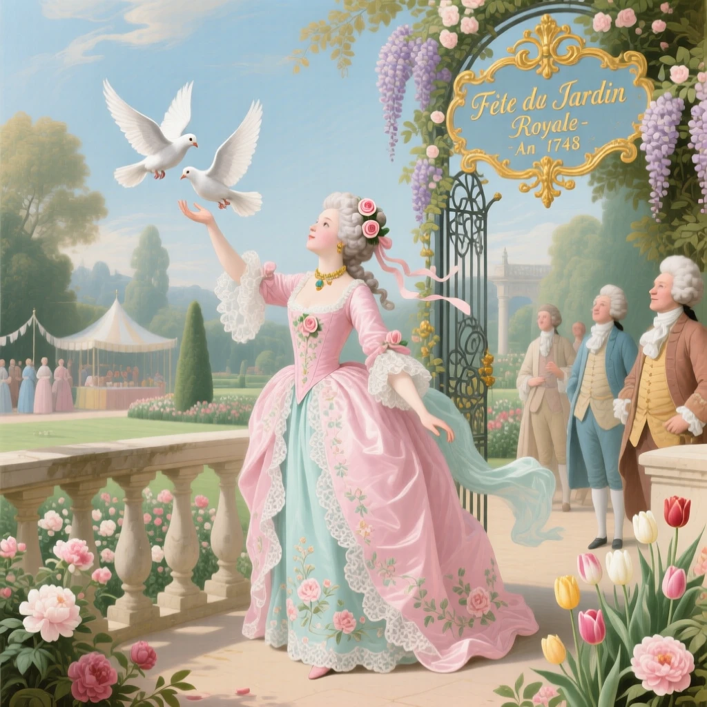 A princess releasing doves at the opening of a garden festival  