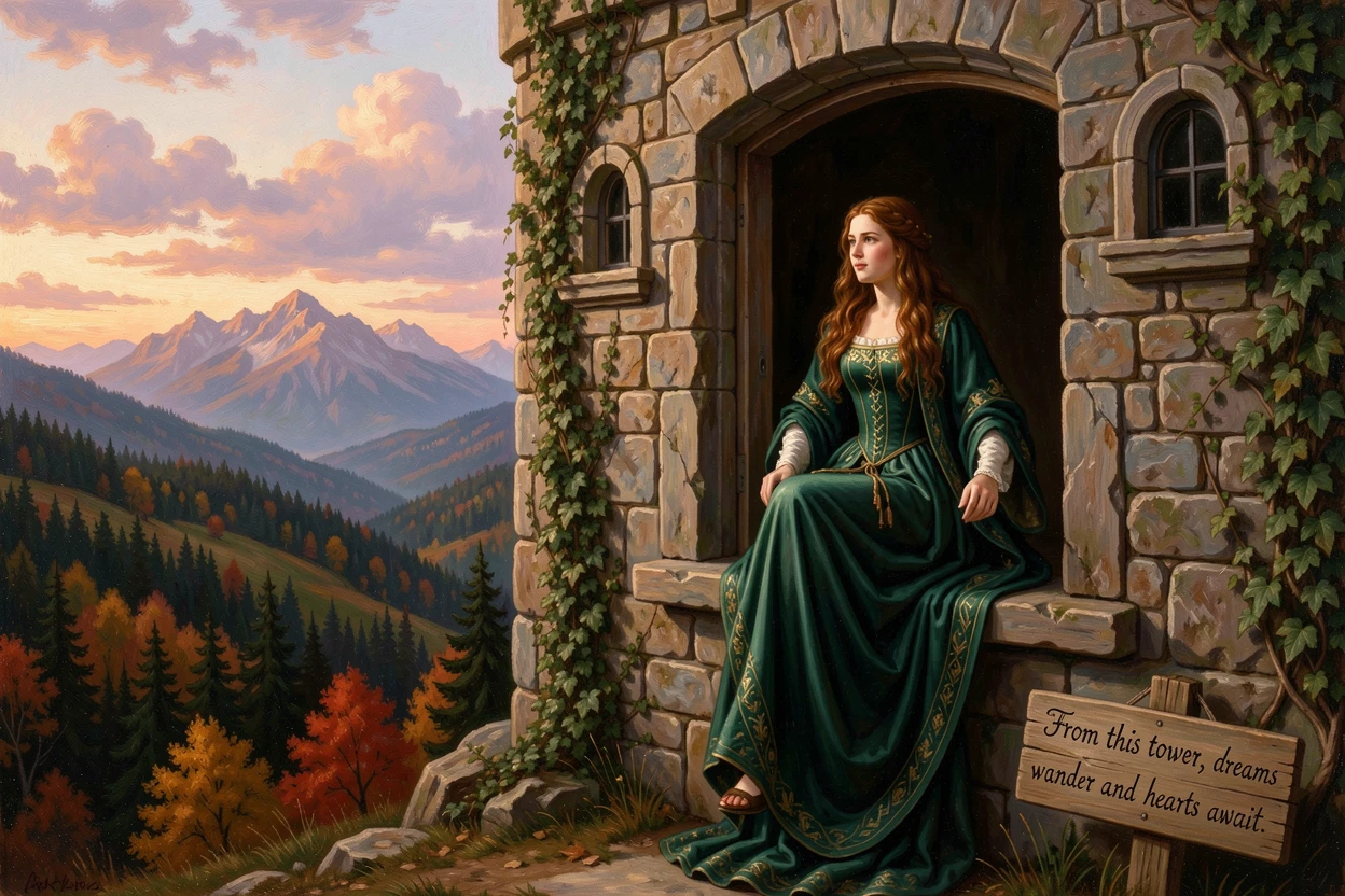A princess gazes from a castle tower window over the surrounding hills.
