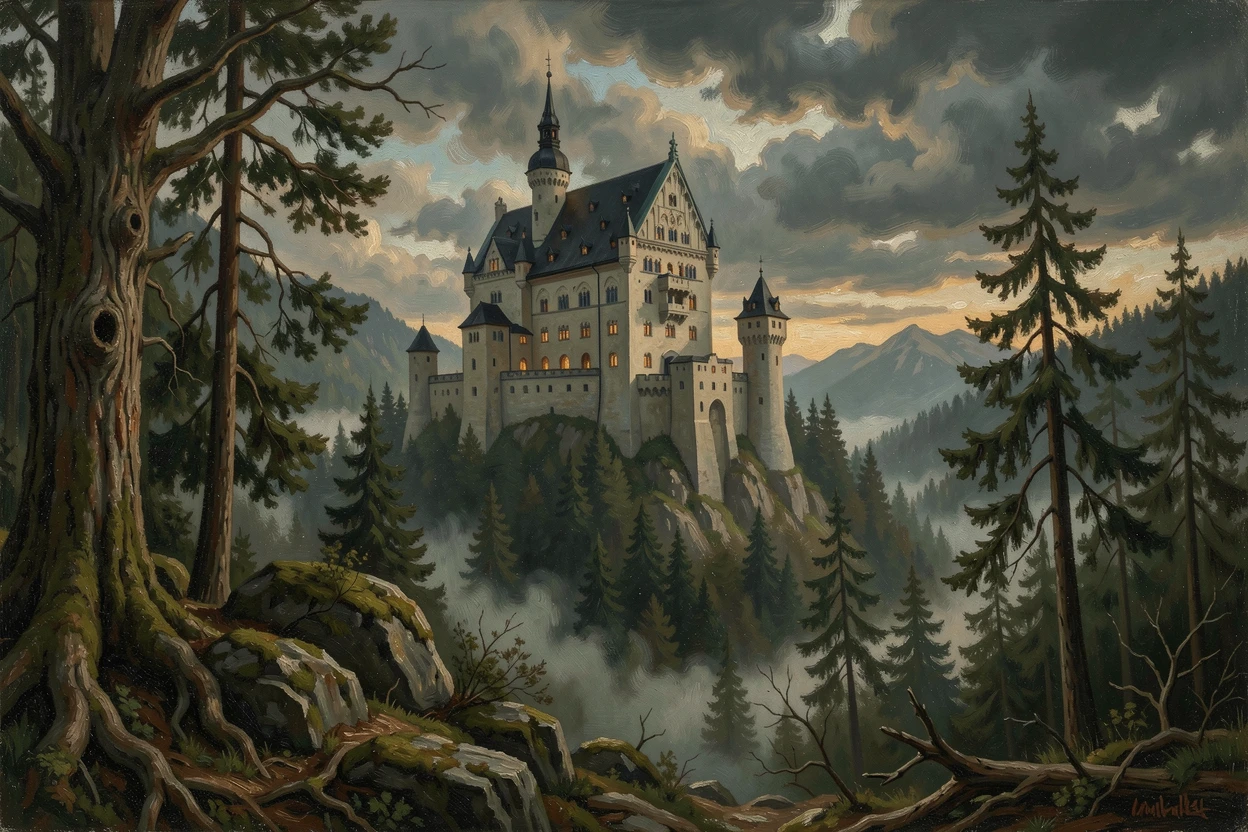 The dramatic castle of Neuschwanstein rising from a misty Bavarian forest, as a dramatic sky adds depth and atmosphere to the skyline, designed to transport the viewer directly into the scene