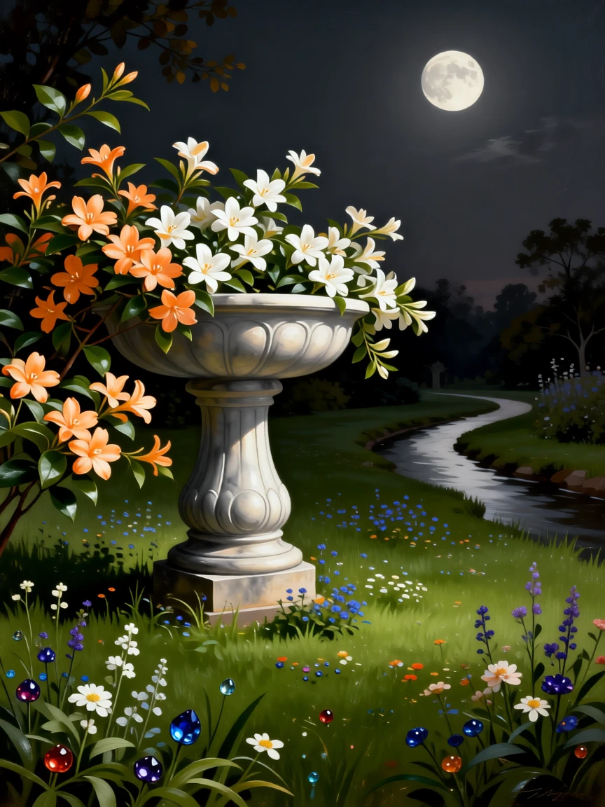 A moonlit garden with a marble fountain and blooming night jasmine captured in the fleeting stillness of a perfect moment, set far from any signs of human presence, with wildflowers scattered like scattered jewels across the green; a winding path or river leads the eye deep into the distance, filled with calm, restorative beauty.