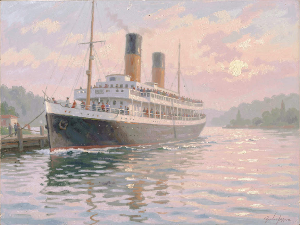 A grand transatlantic ocean liner departing harbor as passengers wave from the deck railings, in the gentle hush of early morning.