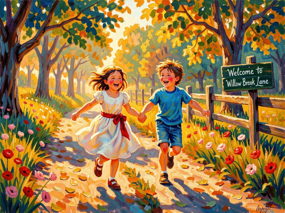 Childhood best friends holding hands and skipping down a country lane.