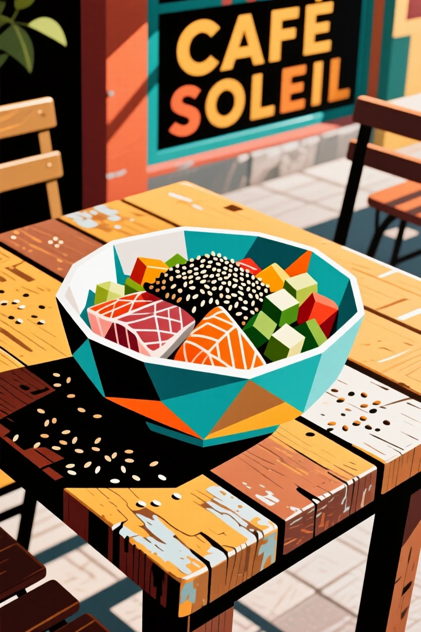 A mouthwatering image of a bowl of vibrant poke topped with sesame served on a rustic wooden table at a sunlit café.