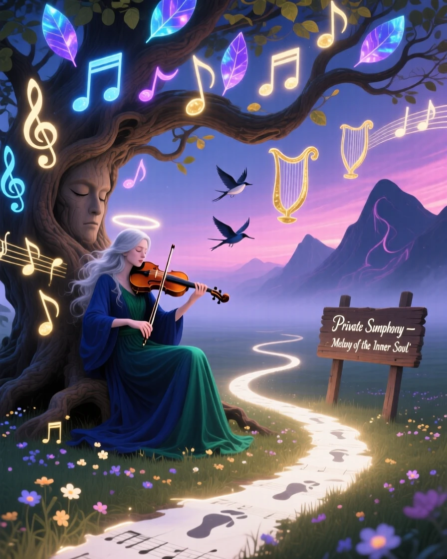 A violinist playing beneath a tree that grows musical notes as leaves works calmly, absorbed entirely in a quiet, private moment, while a faint trail of light marks the path behind them.