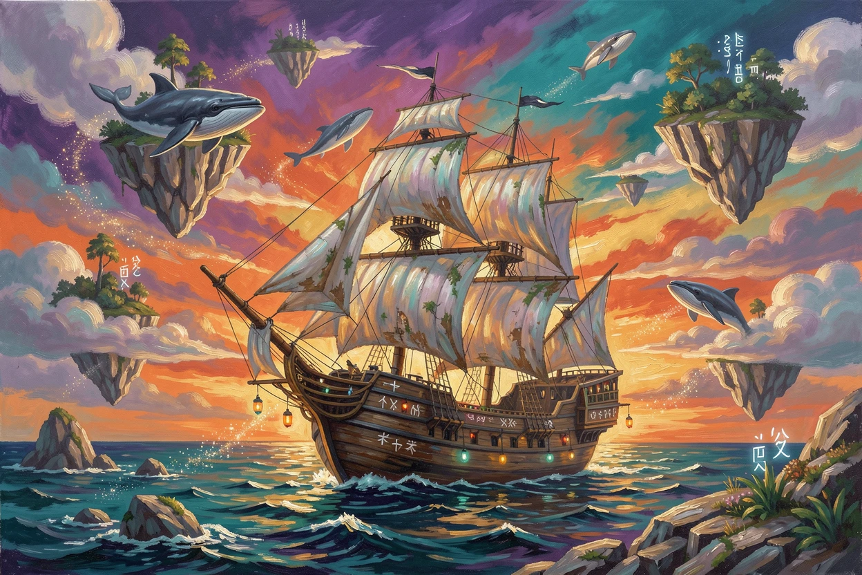 A pirate ship sails through a sky filled with drifting islands and floating whales, sails billowing against a sunset streaked with impossible colors, small magical details scattered throughout the scene rewarding a closer look.