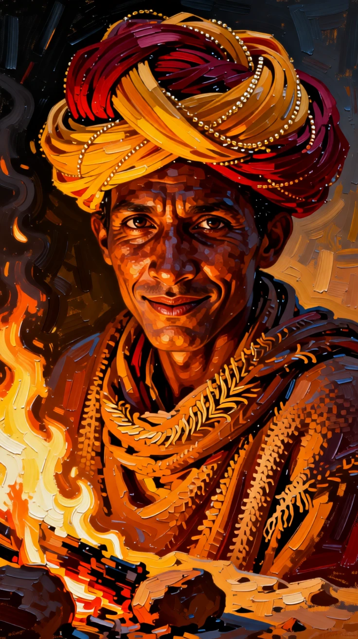A striking portrait of a Rajasthani desert nomad, framed by warm firelight, a faint smile playing at the corners of their mouth