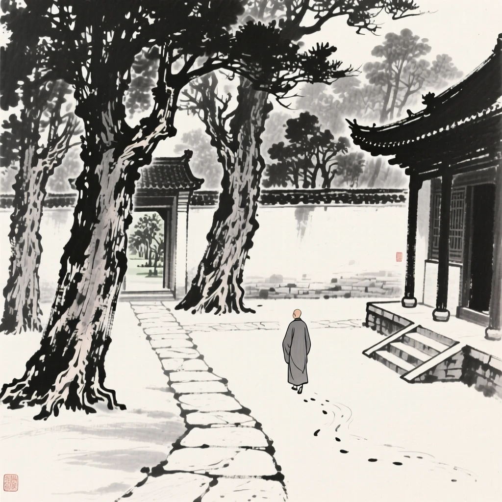 An old temple courtyard opens onto a garden filled with ancient trees, with monks' footsteps echoing along a stone path.
