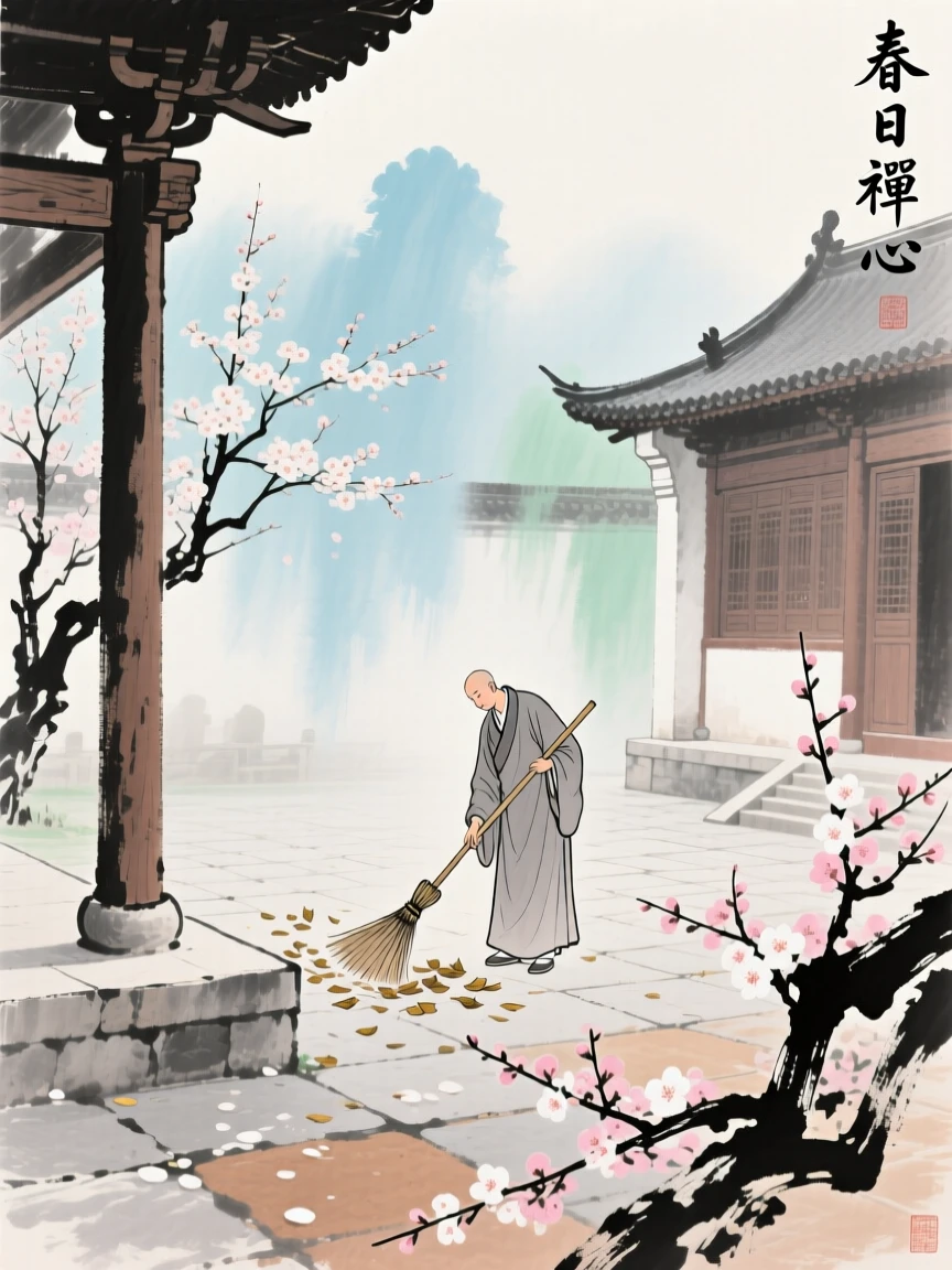 A monk sweeping fallen leaves from a temple courtyard, as spring blossoms unfold, through a light drifting mist, conveying a deep sense of harmony with nature.