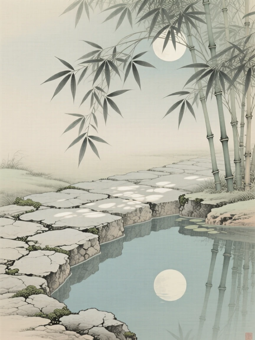 Moonlight filtering through bamboo leaves onto a stone path, reflected perfectly in the still water below