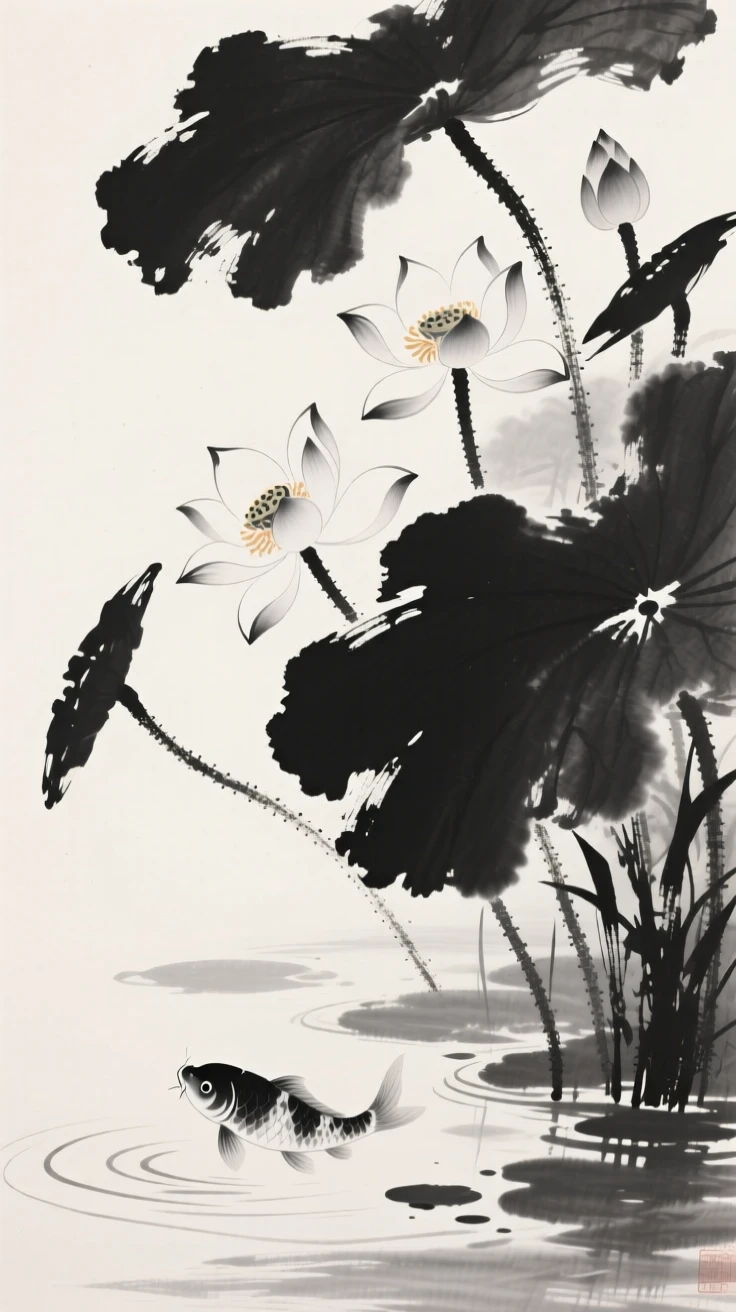 A cluster of blooming lotus flowers beside a tranquil koi pond, framed asymmetrically for quiet visual balance, suggesting patience, resilience, and quiet strength.