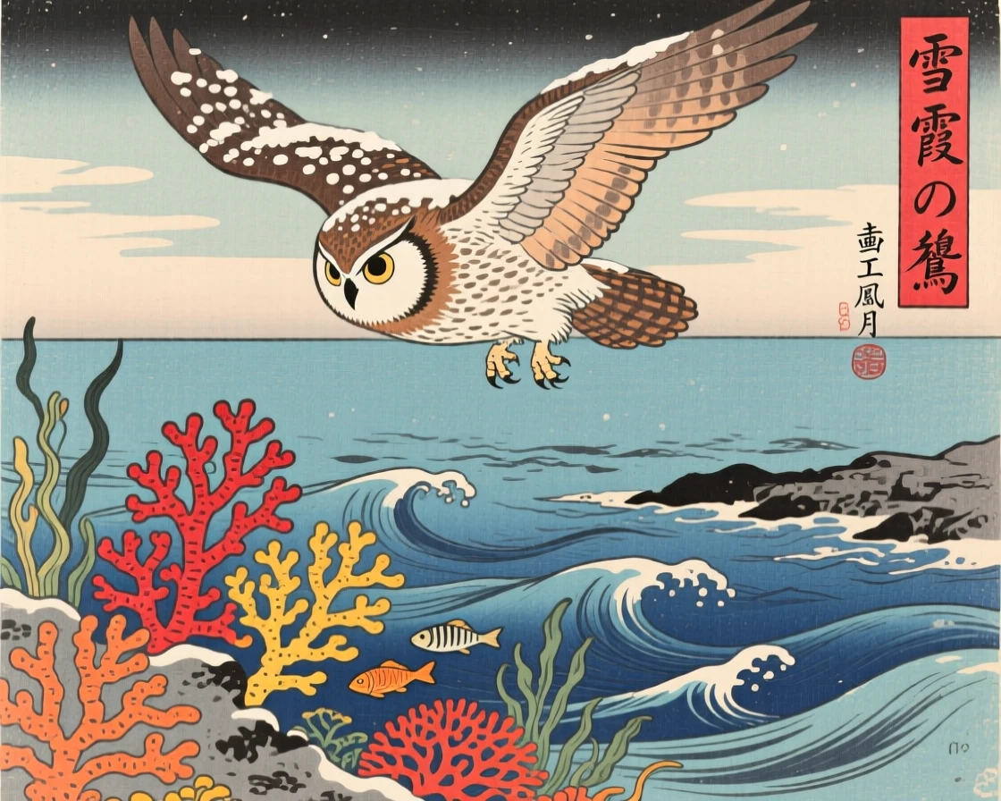 A snow-dusted owl gliding above a coral reef.