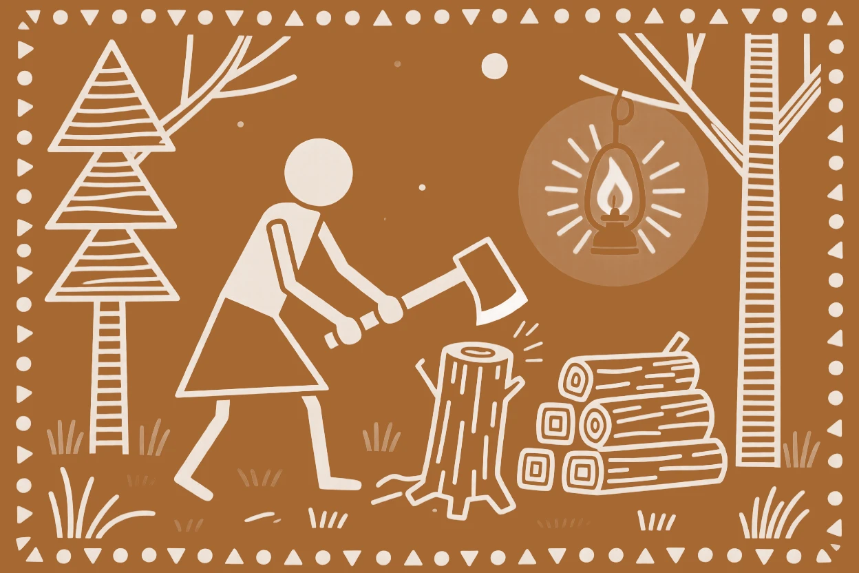 A woodcutter working late into the evening by lamplight.