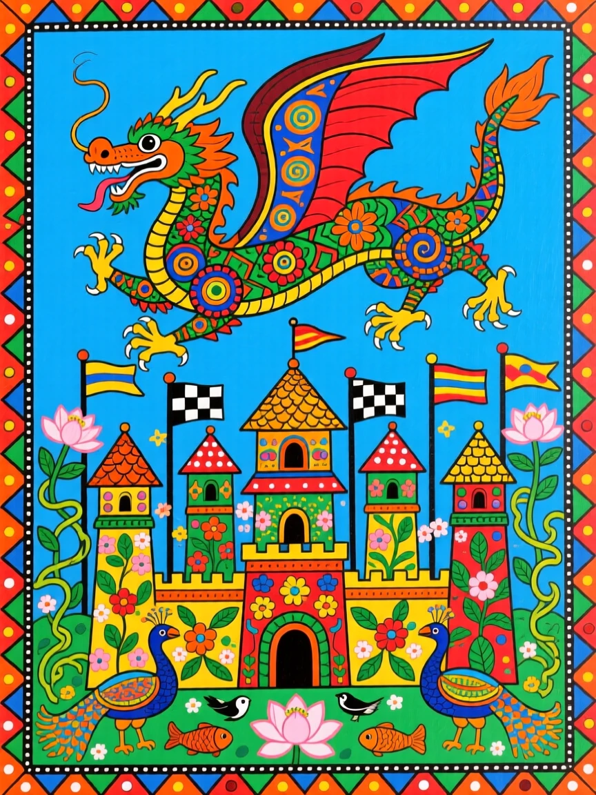 A dragon soaring above a kingdom of towers and flags.