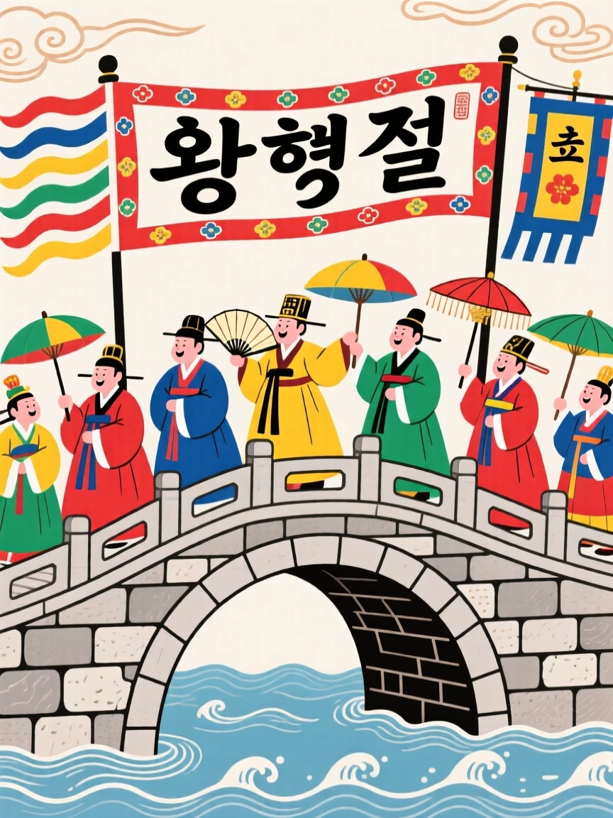 A royal procession crossing a stone bridge beneath fluttering silk banners.