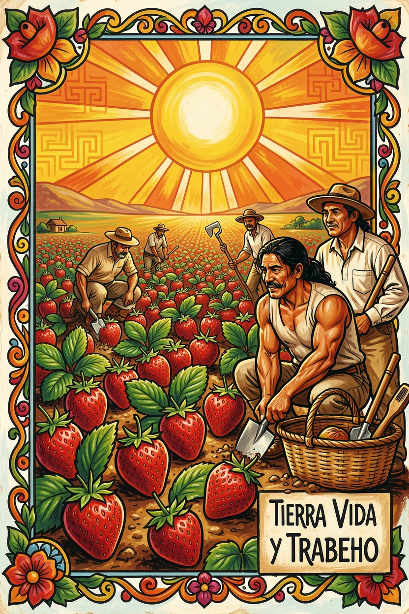 A field of ripening strawberries under a warm sun