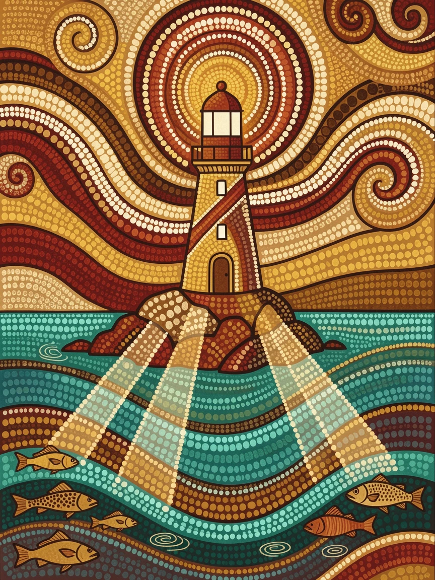 A lighthouse illuminated by shafts of underwater light
