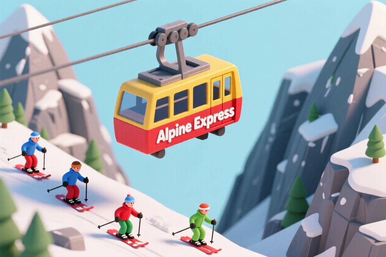 A colorful cable car crossing a deep alpine valley, mountains rising sharply on either side, and skiers visible on slopes below.