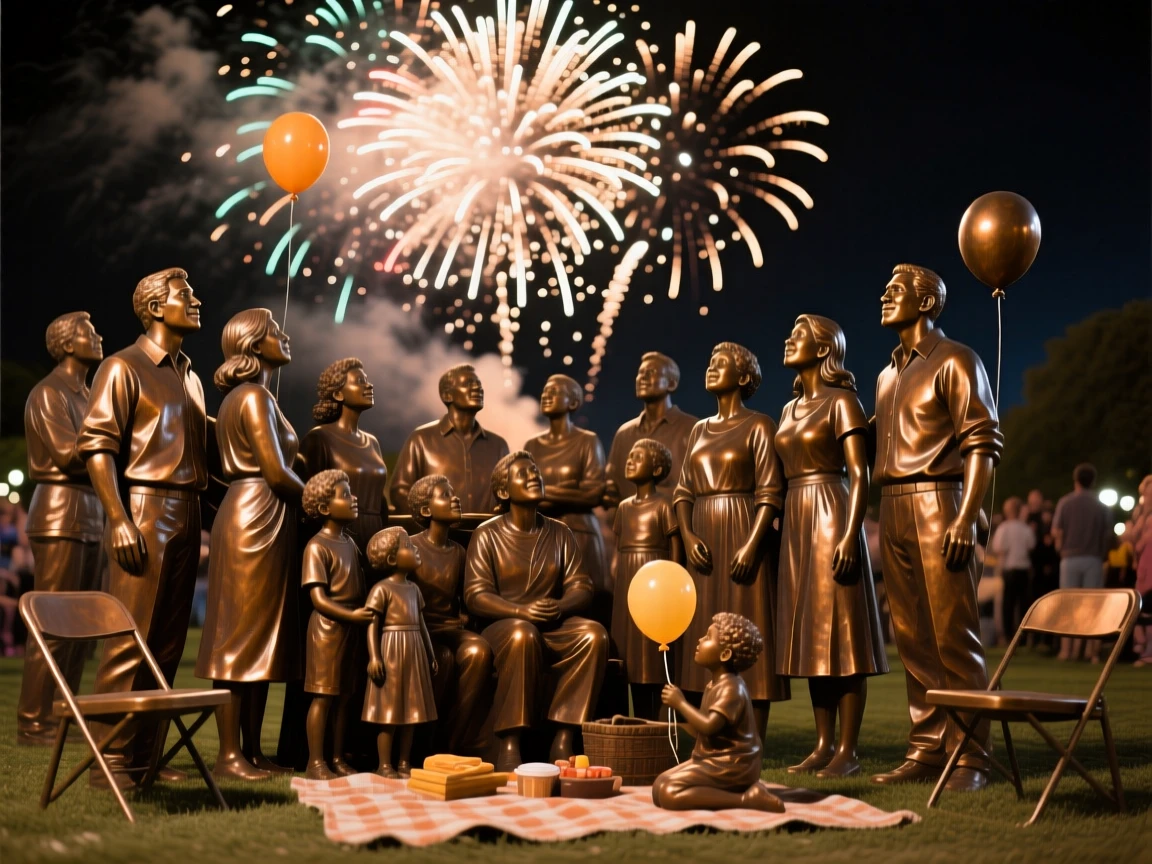 A community gathering to watch a dazzling fireworks display, radiating heartfelt emotion and connection, celebrating shared human joy
