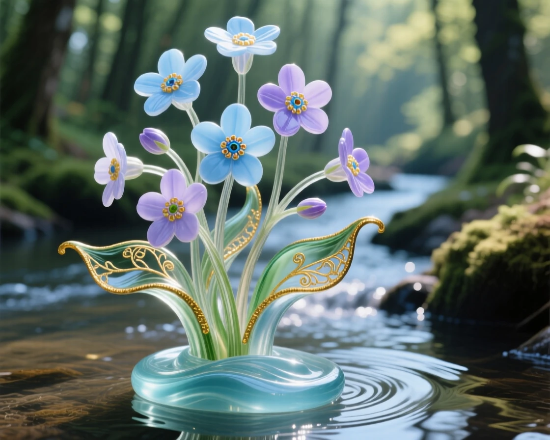 A cluster of forget-me-nots growing along a quiet forest stream, delicate and nostalgic.