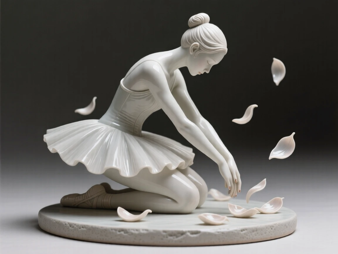 A graceful ballerina mid-pirouette kneeling with quiet, contemplative stillness, surrounded by softly falling petals, filling the scene with joy and gentle wonder.