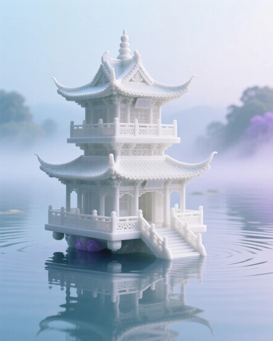 A grand view of a floating pagoda on a still lake, wrapped in soft morning mist.