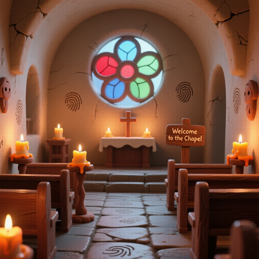 A candlelit chapel interior with light pouring through a rose window