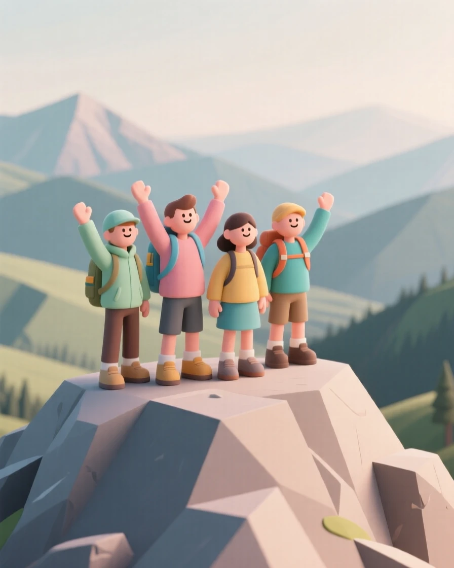 A group of hikers reach a mountain summit together, arms raised in celebration against a sweeping valley view.
