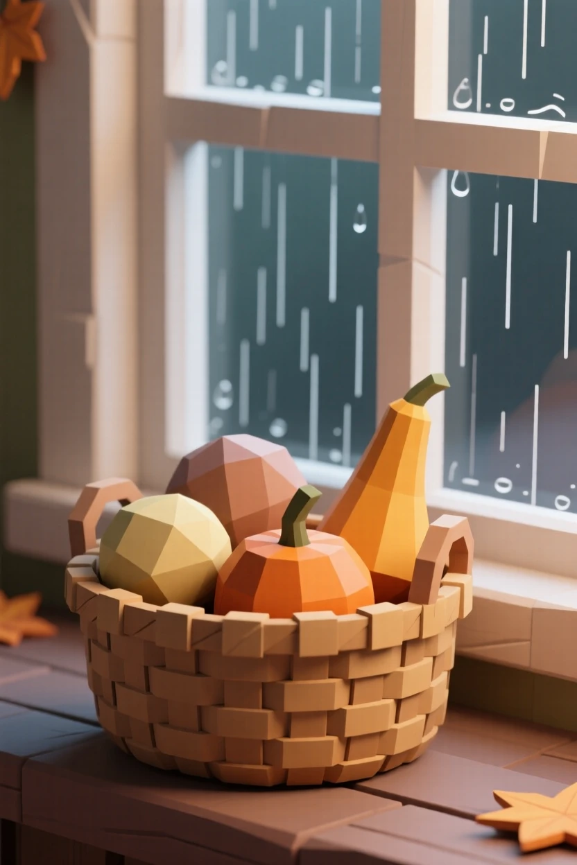 A woven basket filled with autumn gourds, beside a rain-streaked window. fine textures and material details are clearly visible. The mood is warm and sentimental.