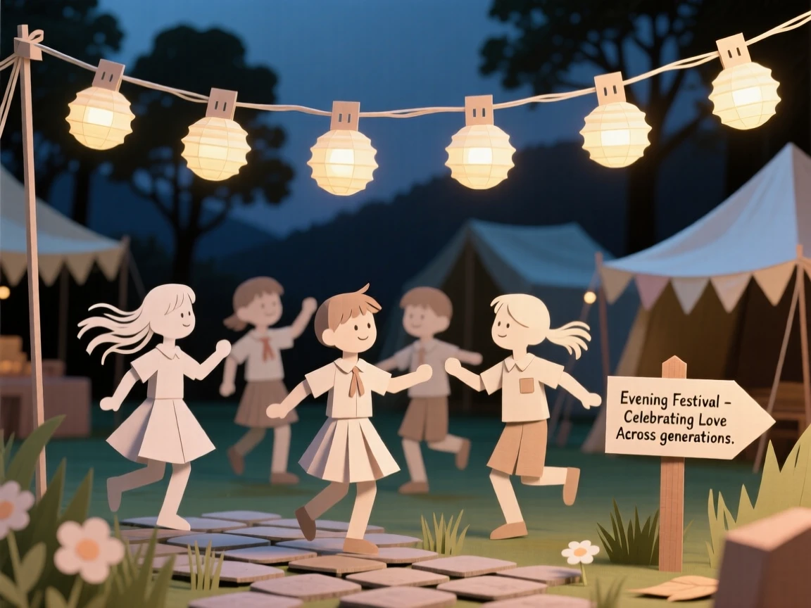A group of schoolchildren dancing beneath string lights at an evening festival, with a light breeze catching loose hair and fabric, evoking love across generations.