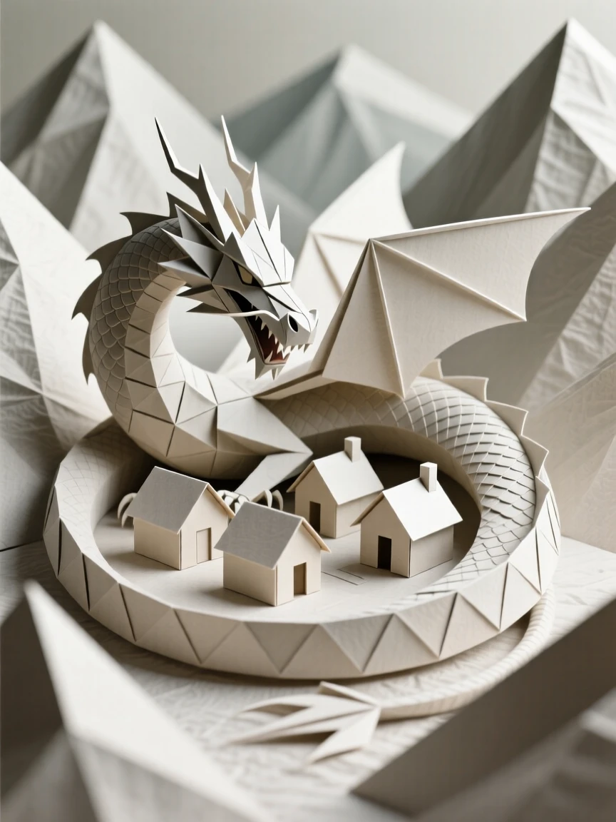 A dragon curling protectively around a sleeping village nestled in a mountain valley.