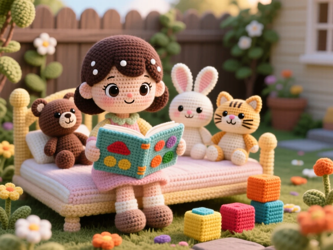 a little girl reading to her stuffed animals, lined up neatly on the bed, is shown holding a picture book open wide within a small backyard garden in the late afternoon beside a scattering of colorful toy blocks, capturing quiet, unhurried domestic peace.