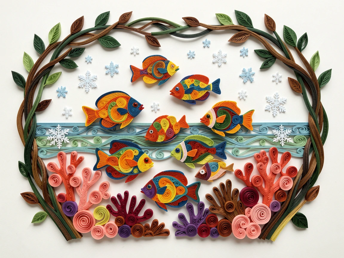 A striking wildlife scene of a school of tropical fish swirling around coral along a quiet natural horizon line, surrounded by softly falling snow, framed through a natural archway of branches.