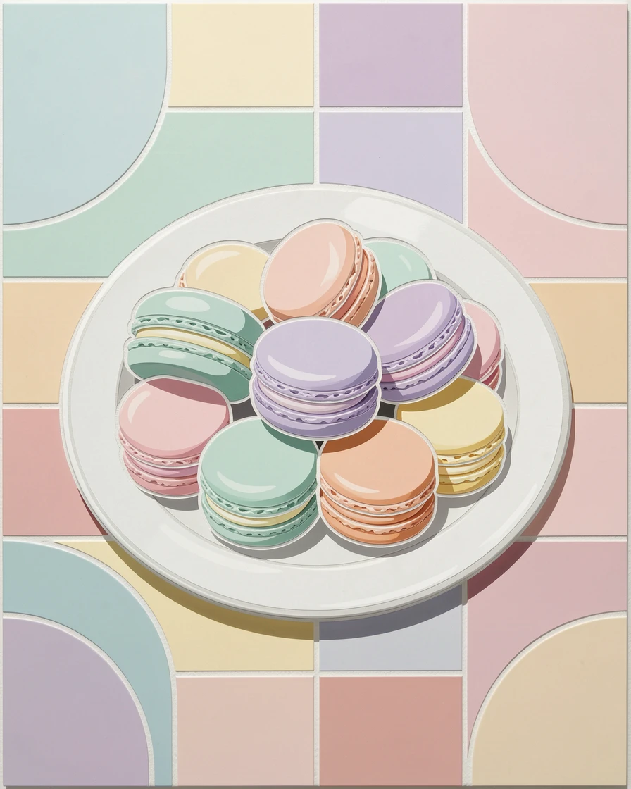 A close-up gourmet food photograph of a plate of delicate French macarons in pastel colors, with rich color and inviting texture.