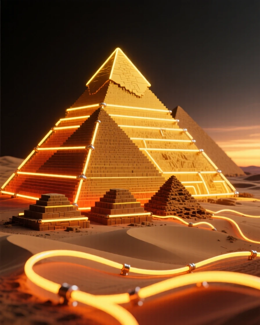An ancient pyramid rising from a golden desert at dawn.