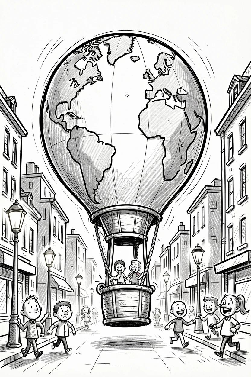 A hot air balloon shaped like a globe navigating a bustling city street.