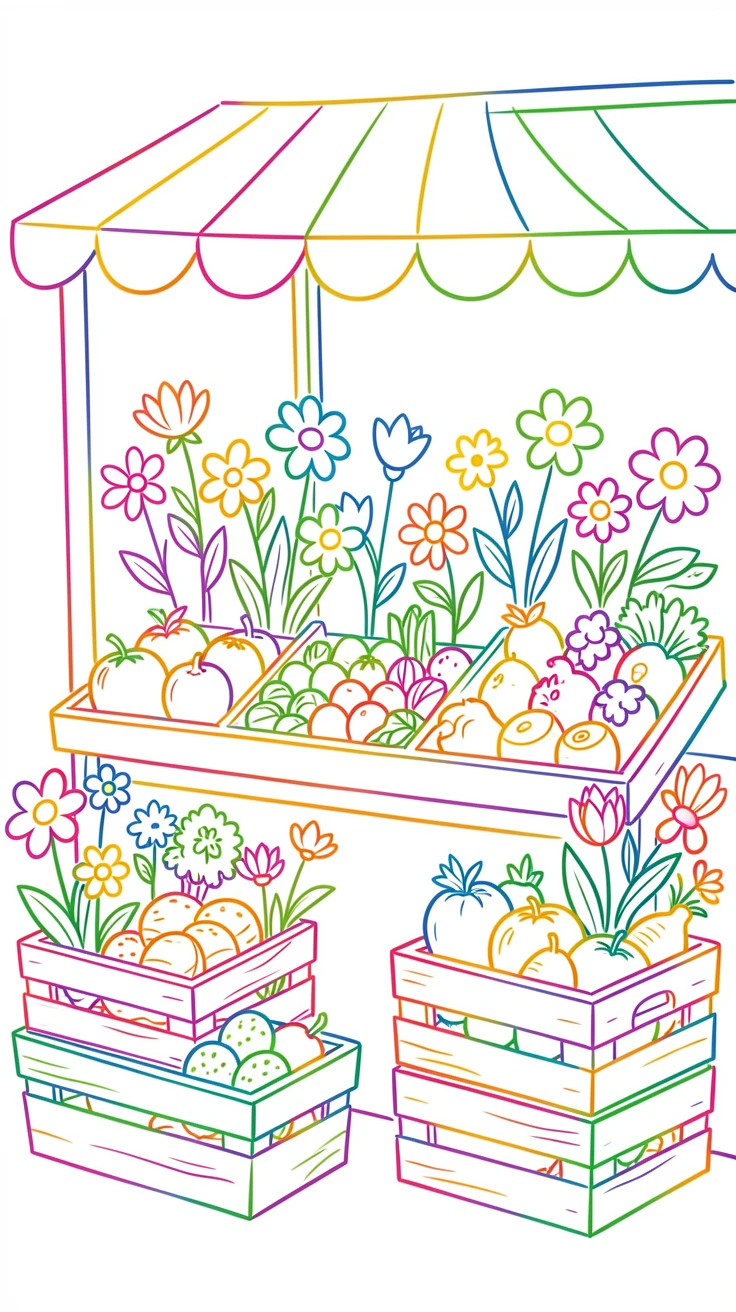 A spring farmers market stall overflowing with fresh flowers and produce.