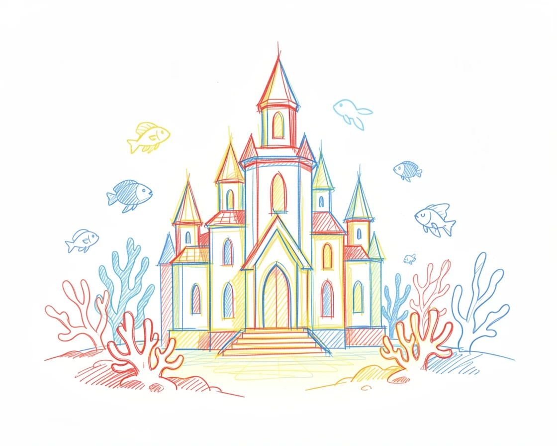 An underwater palace glowing softly amid coral and bioluminescent creatures