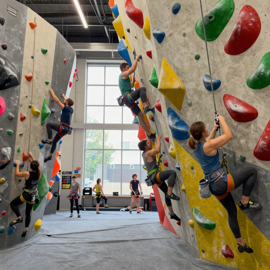 A rock climbing gym with climbers scaling colorful holds